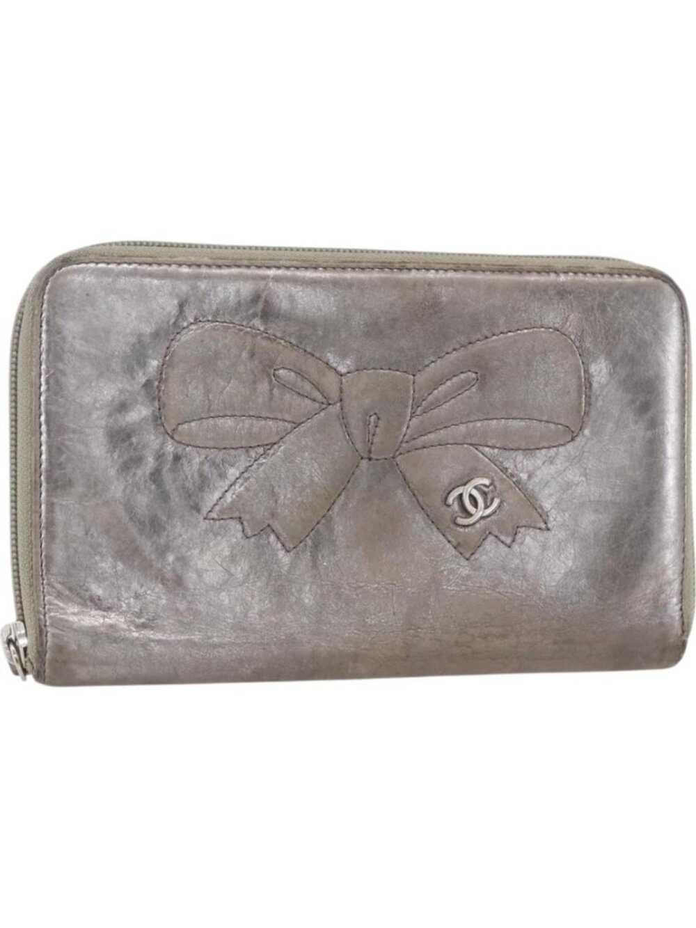 CHANEL Long Wallet Leather Silver CC